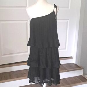 ZESICA Sleeveless Mini Boho One Shoulder Ruffle Tiered Chiffon Flowy  A Line XL